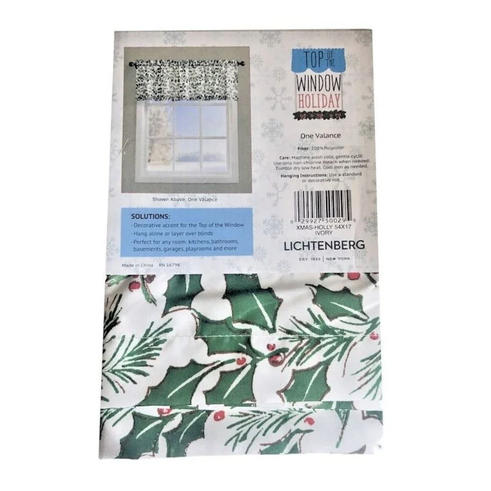 Christmas Holly Winter Valance Curtain Green White Holly Berries Holiday 54x17